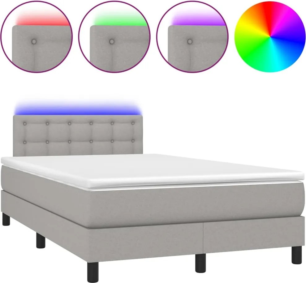 vidaXL Pat cu arcuri, saltea și LED, gri deschis, 120x200 cm, textil