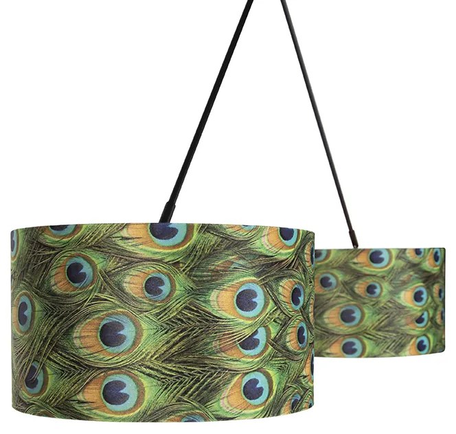 Lampă suspendată neagră cu abajururi din catifea paun cu auriu 35 cm 2 lumini - Blitz