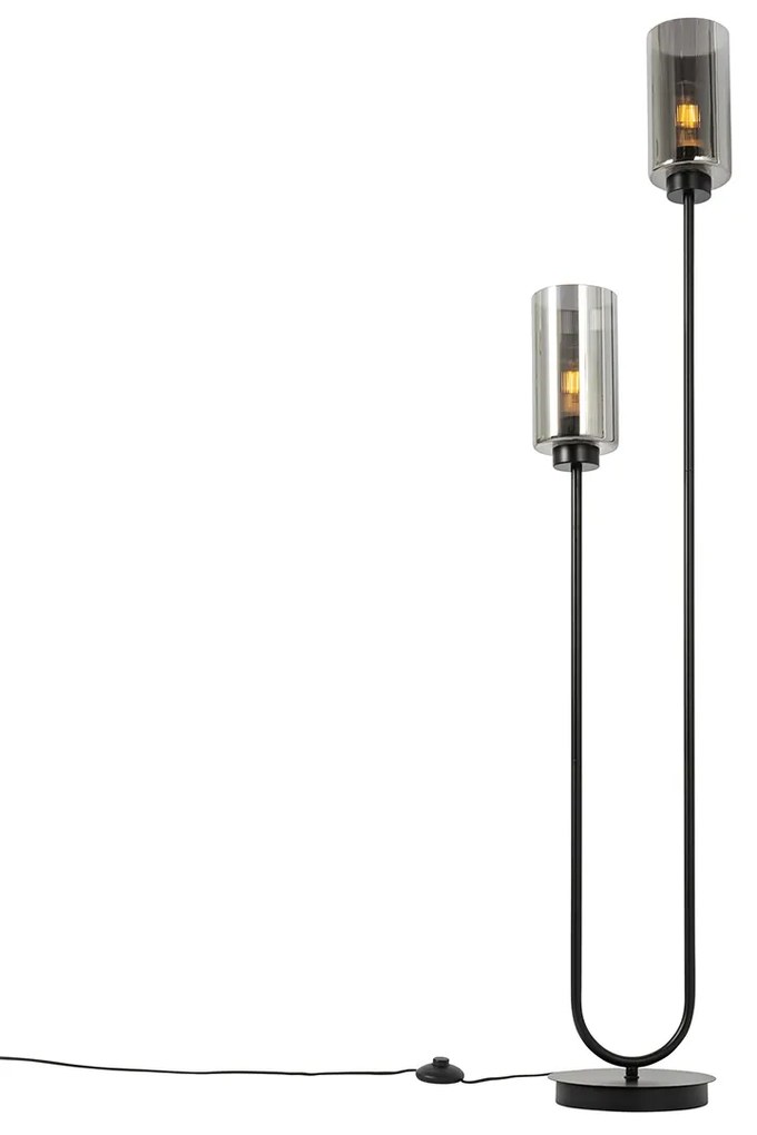 Lampă de podea Art Deco neagră cu sticlă fumurie cu 2 lumini - Laura