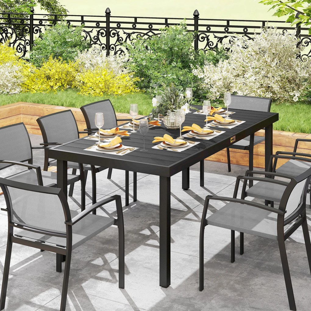 Outsunny Masă de Grădină cu Blat Textură Lemn 190x90 cm pentru 8 Persoane, Masă de Dining de Exterior Dreptunghiulară din Aluminiu și Plastic, pentru Terasă, Balcon, Negru | Aosom Romania