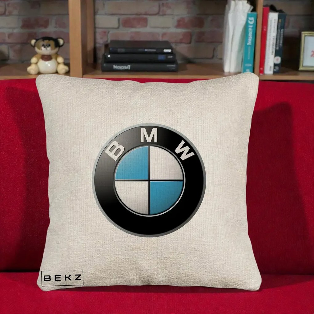 Perna Personalizata cu emblema BMW, 40x40 cm, Bej Canapea, Husa Detasabila, Perna Inclusa, BEKZ®