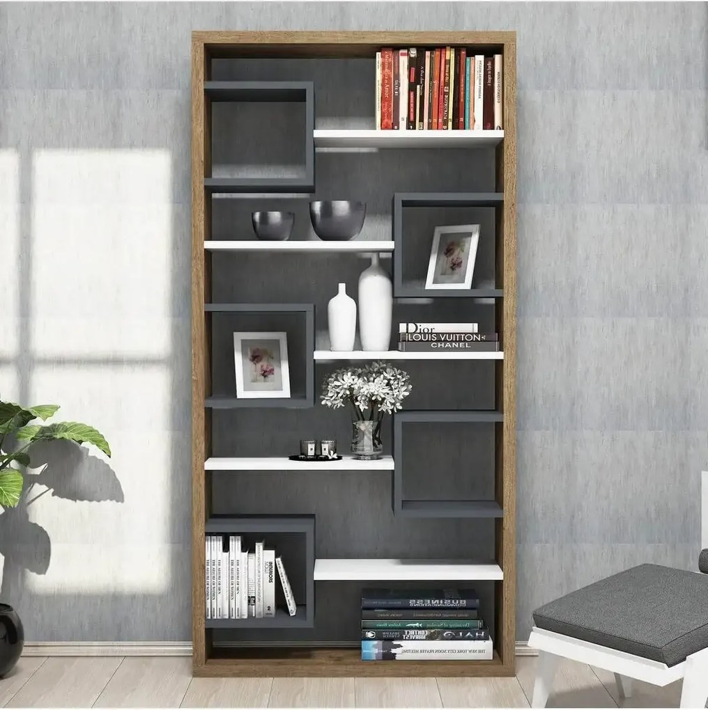 Biblioteca/etajera carti, Hamdo Homs, alb/nuc/gri antracit, 160 x 80 x 22 cm, PAL