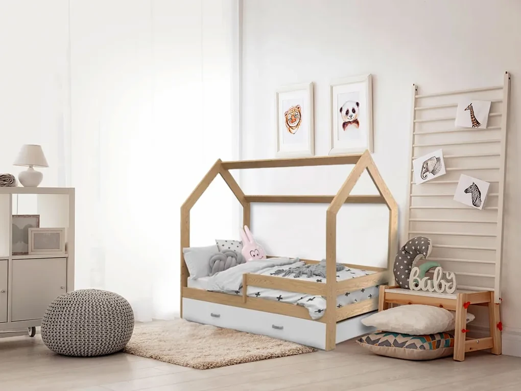 Pat pentru copii CASETA D3, 80 x 160 cm, pin Saltea: saltea EASYSOFT 8 cm, Somiera: fara somiera, Cutie de depozitare: cu cutie de depozitare de pin