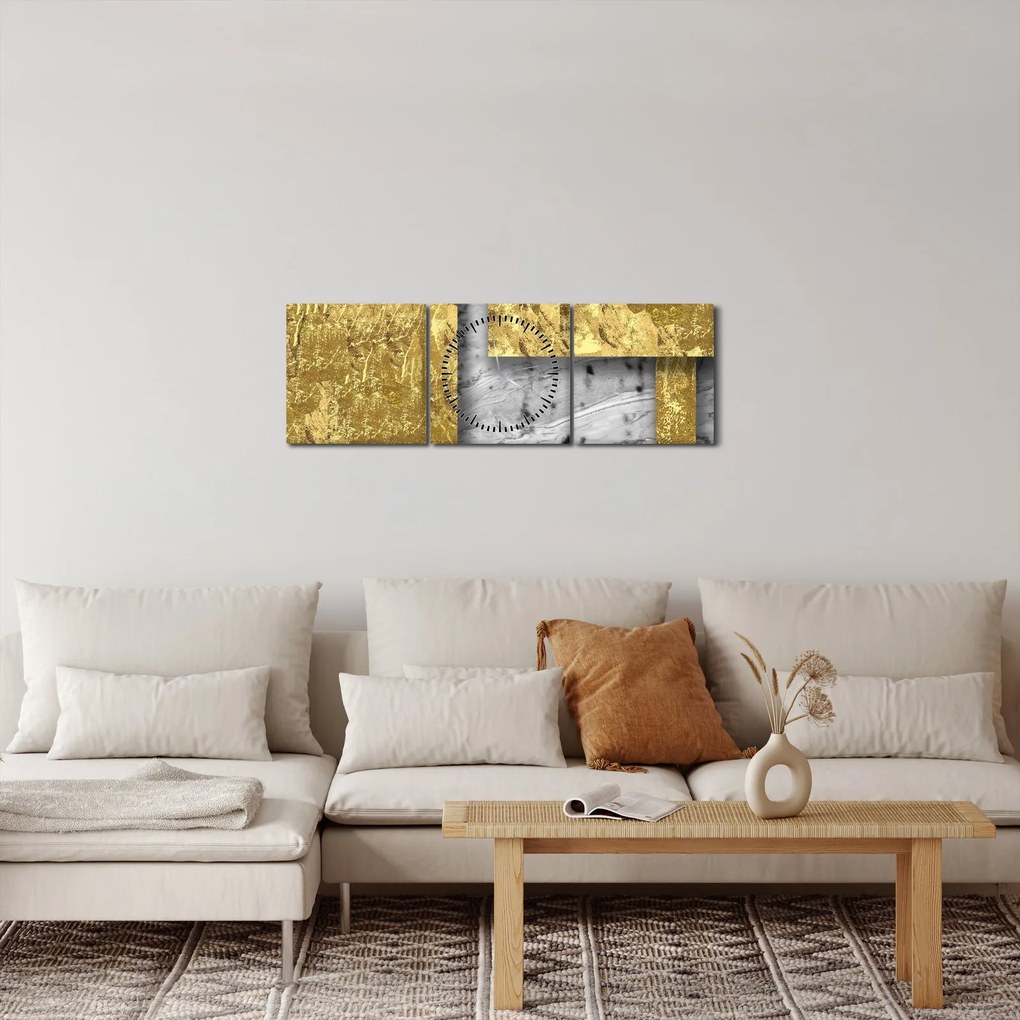 Tablou - Pătrate de aur N⁰3 (cu ceas) (90x30 cm)