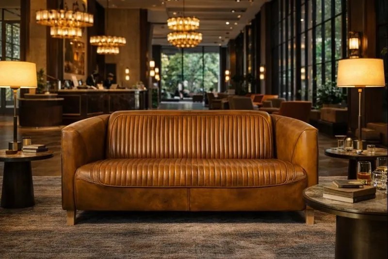 Canapea 2 locuri din piele naturală, cognac, aspect vintage, Pilot, 125 x 86 x 68 cm