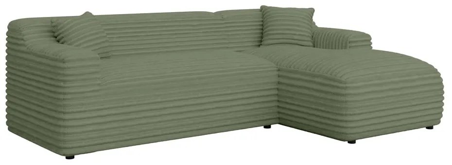 Colțar verde cu tapițerie din catifea reiată (cu colț pe partea dreaptă, cu șezlong) Martin – Ropez