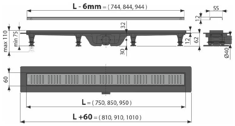 Rigola pentru dus, Alcadrain, Simple, cu gratar, 95 cm, auriu APZ10BLACK-950BRASS