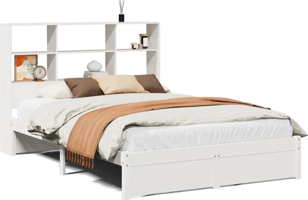 vidaXL Pat cu bibliotecă fără saltea, alb, 160x200 cm, lemn masiv pin