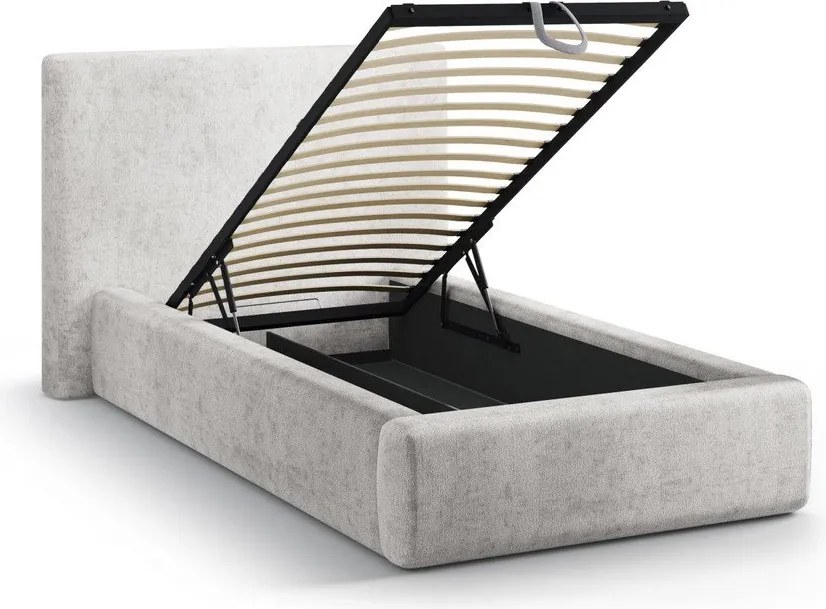 Pat gri deschis tapițat cu spațiu de depozitare cu somieră 90x200 cm Amy – Micadoni