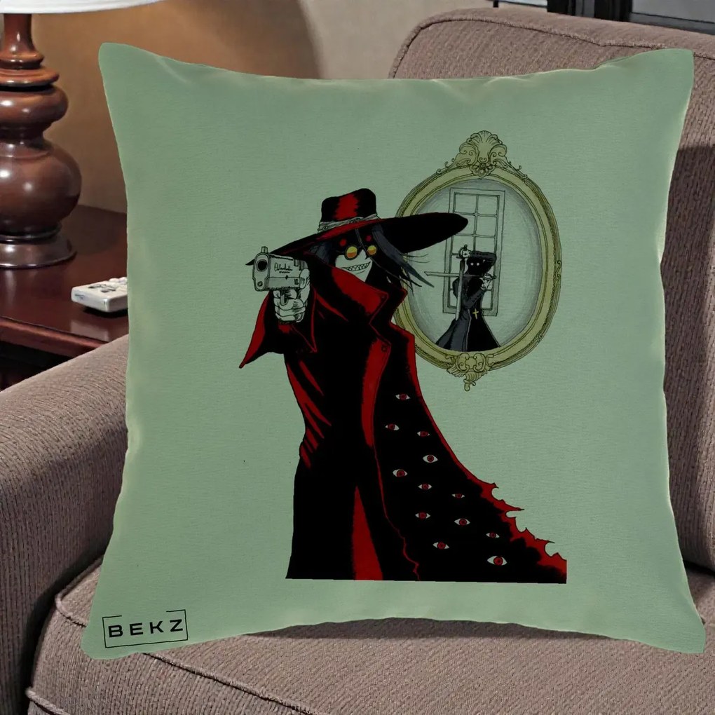 Perna Personalizata Hellsing Alucard cu Pistoale, 40x40 cm, Verde, Husa Detasabila, Perna Inclusa, BEKZ®