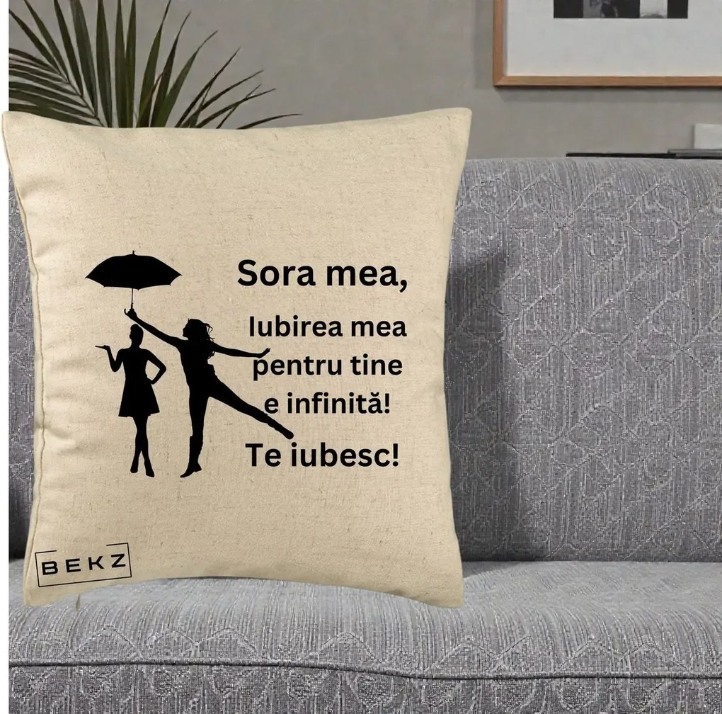 Cadou pentru Sora - Perna Personalizata Sora Mea Te Iubesc Siluete Negre cu Umbrela, 40x40 cm, Bej, Husa Detasabila, Perna Inclusa, BEKZ®
