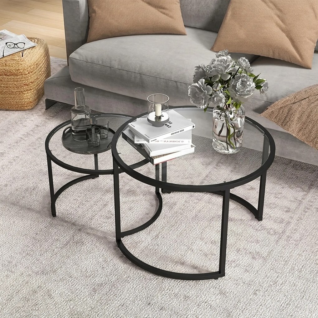HOMCOM Set de 2 Mese de Cafea Suprapozabile din Sticlă și Oțel, Ø70x47.5 cm și Ø54x42.5 cm, Negru | Aosom Romania