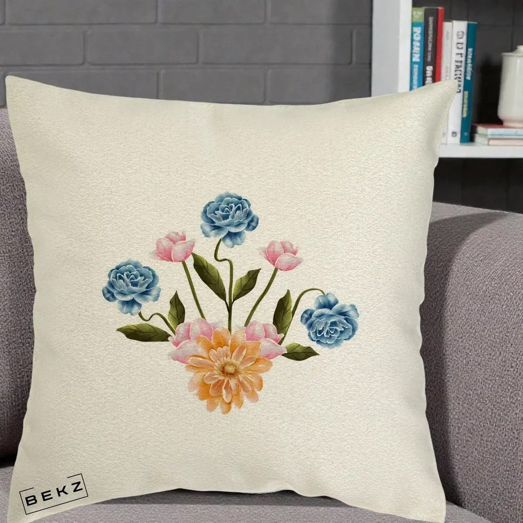 Perna Decorativa Buchet Primavara Acuarela, 40x40 cm, Ecru, Husa Detasabila, Perna Inclusa, BEKZ®