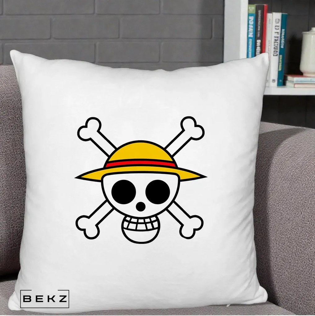 Perna Personalizata One Piece Jolly Roger Straw Hat Pirates, 40x40 cm, Alb Pufos, Husa Detasabila, Perna Inclusa, BEKZ®