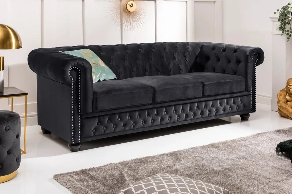 Canapea clasica stil englezesc Chesterfield 3 locuri, catifea neagra