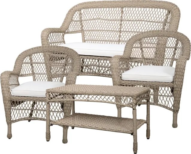 Set lounge exterior boho chic din rattan sintetic cu canapea, 2 fotolii și măsuță, perne incluse, "Riviera"