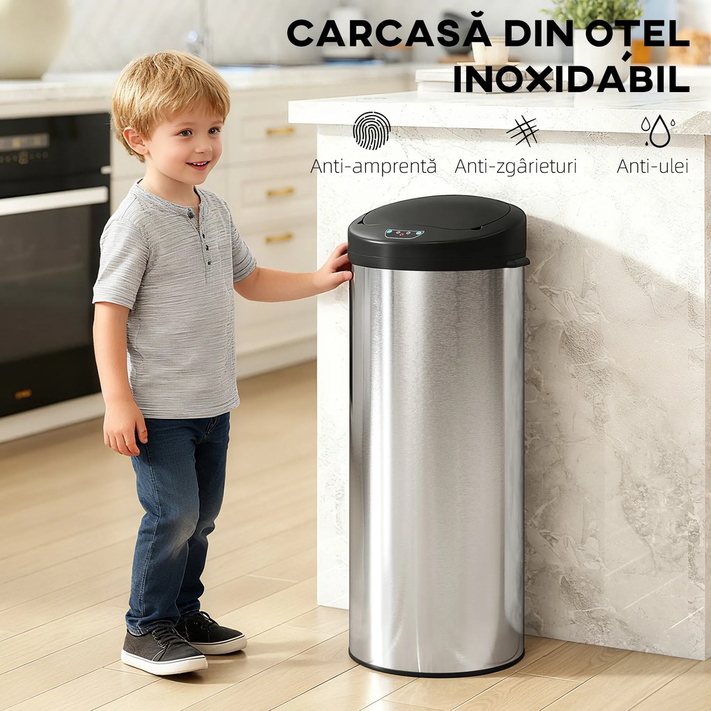 HOMCOM Coș de gunoi de 55L cu senzor pentru deschidere automată și închidere amortizată, 32x30x72.5 cm, Argintiu | Aosom Romania