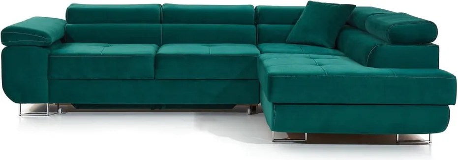 Colțar verde extensibil/cu spațiu de depozitare cu tapițerie din catifea (cu colț pe partea dreaptă/în formă de ”L”) Anton – ELTAP