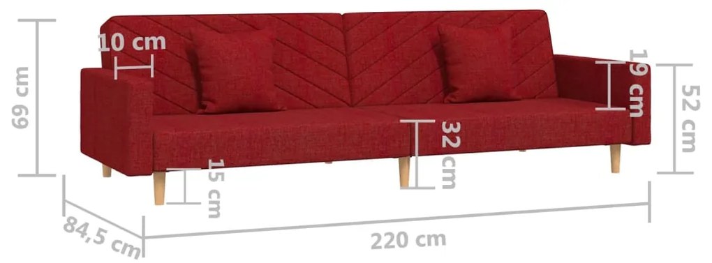 Canapea extensibila cu 2 locuri, 2 perne, rosu vin, textil Bordo, Fara scaunel pentru picioare Fara scaunel pentru picioare