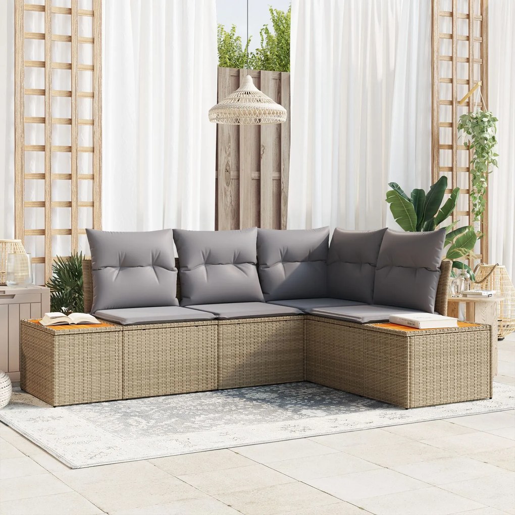 vidaXL Set de canapele pentru grădină cu pernă 4 pcs Bej Rattan poli