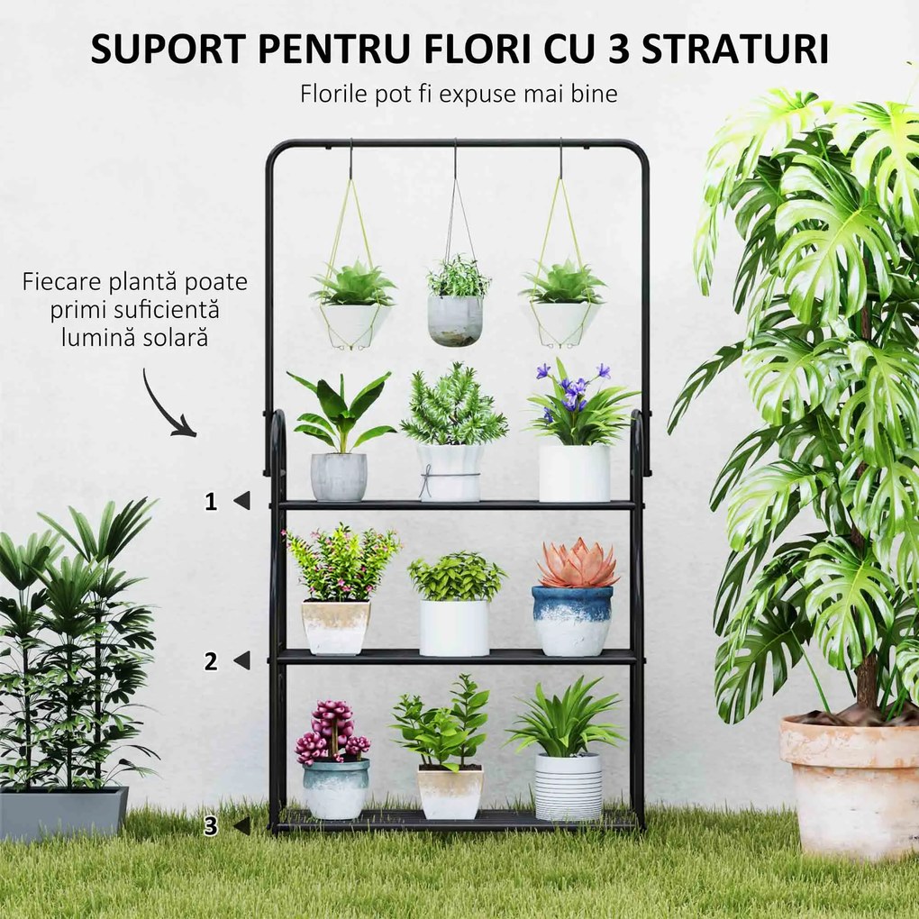 Outsunny Suport pentru Plante cu 3 Niveluri, cu Bară pentru Agățat și Cârlige, Raft Metalic pentru Ghivece și Flori, pentru Interior și Exterior, Balcon, Living, Dormitor, Negru | Aosom Romania