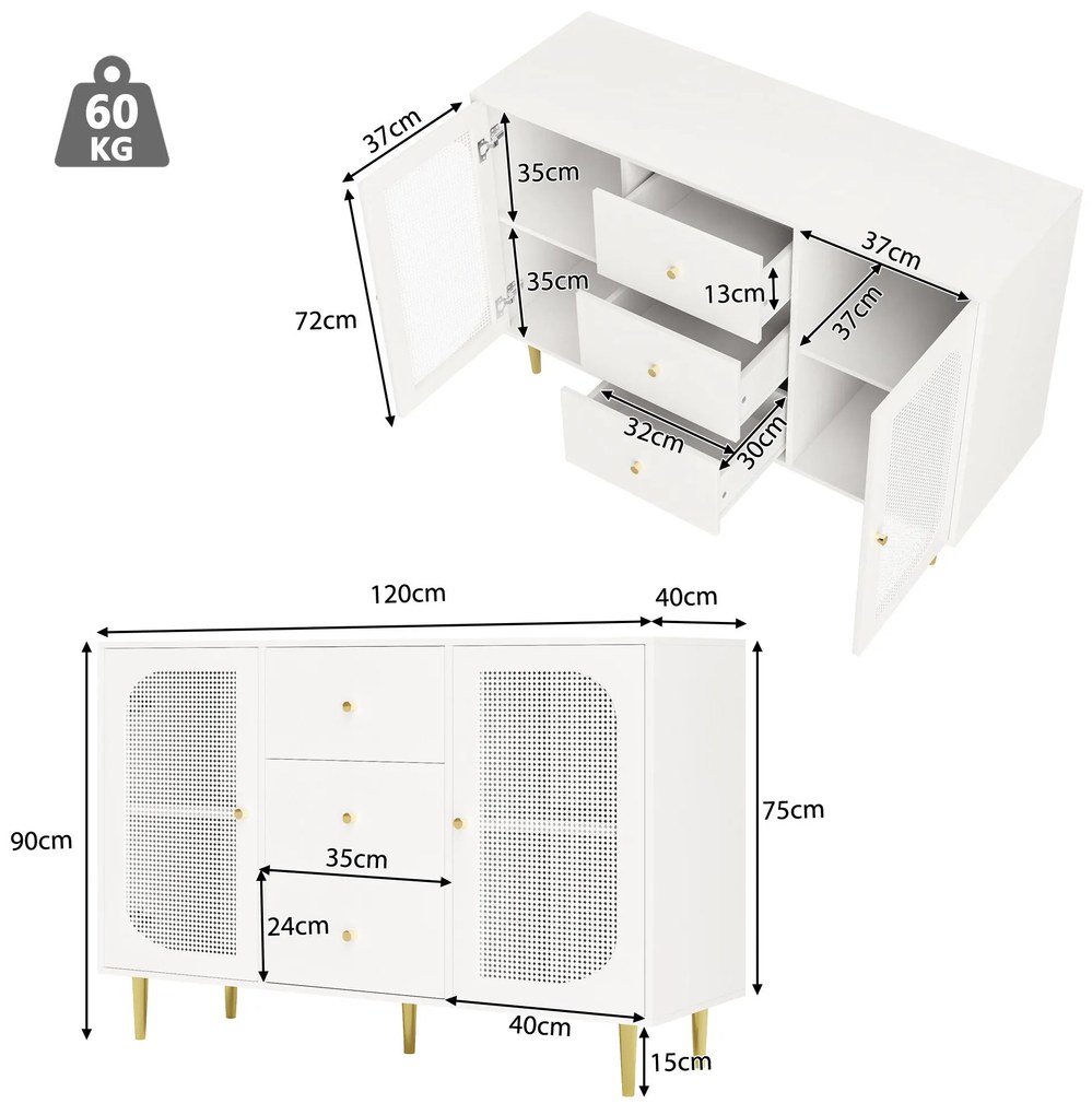 Bufet de sufragerie din ratan cu sertare, Alb | Aosom Romania