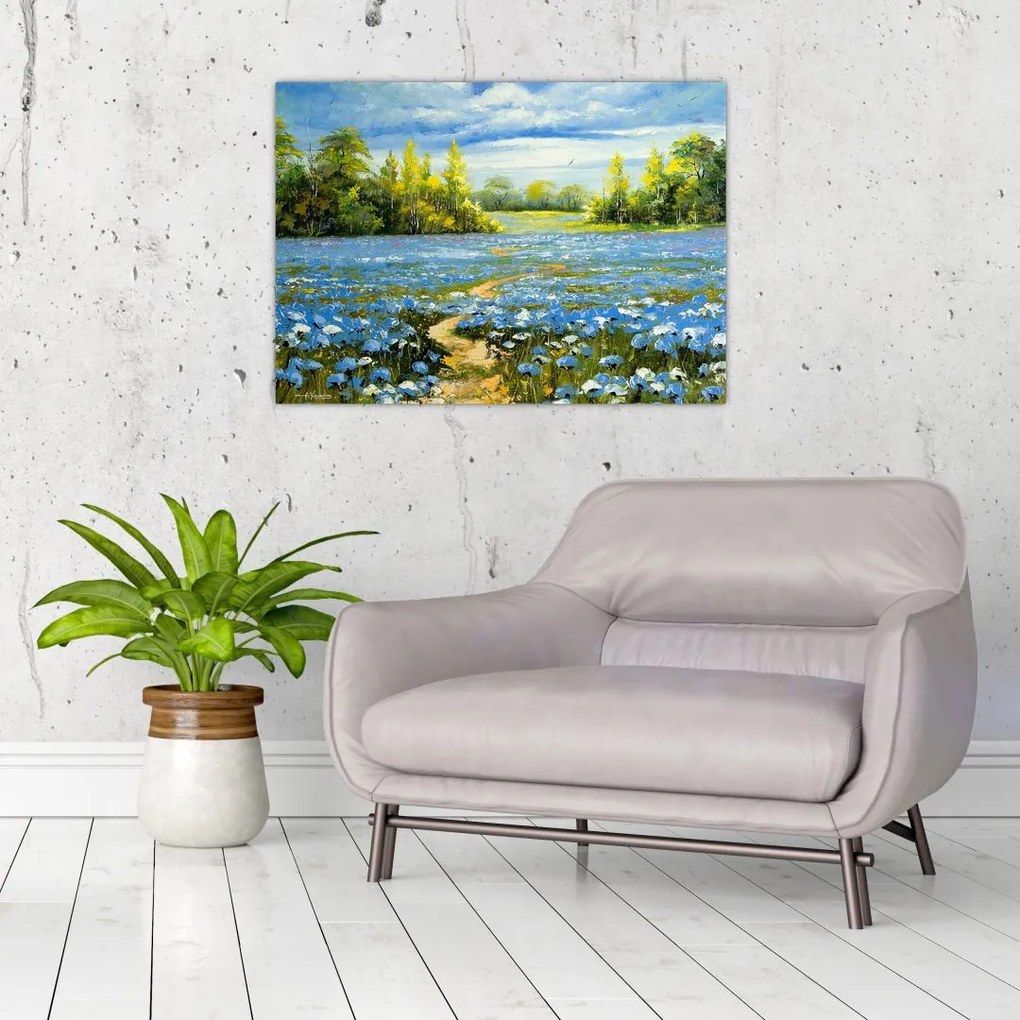 Tablou pe sticlă - Drum de câmp, pictură în ulei (70x50 cm)