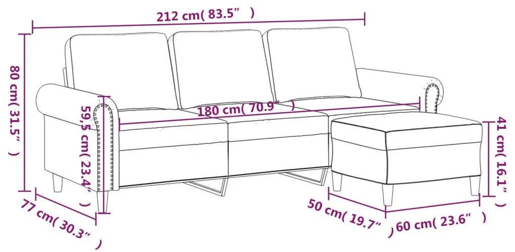 Canapea cu 3 locuri si taburet, crem, 180 cm, piele ecologica Crem, 212 x 77 x 80 cm