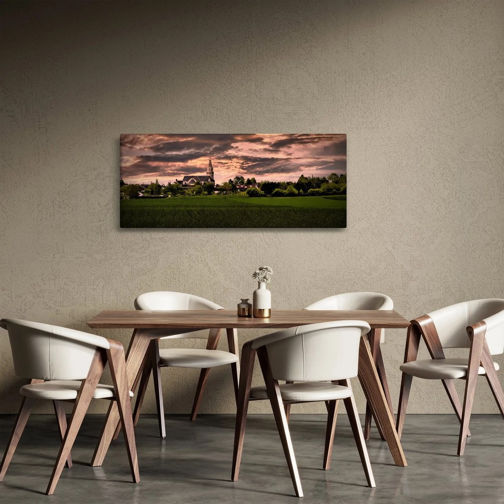 Tablou cu peisaj și biserică (120x50 cm)