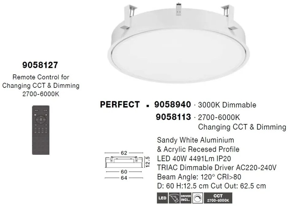 Plafoniera LED incastrabila reglabila PERFECT 60cm alba 3000K Dimmable