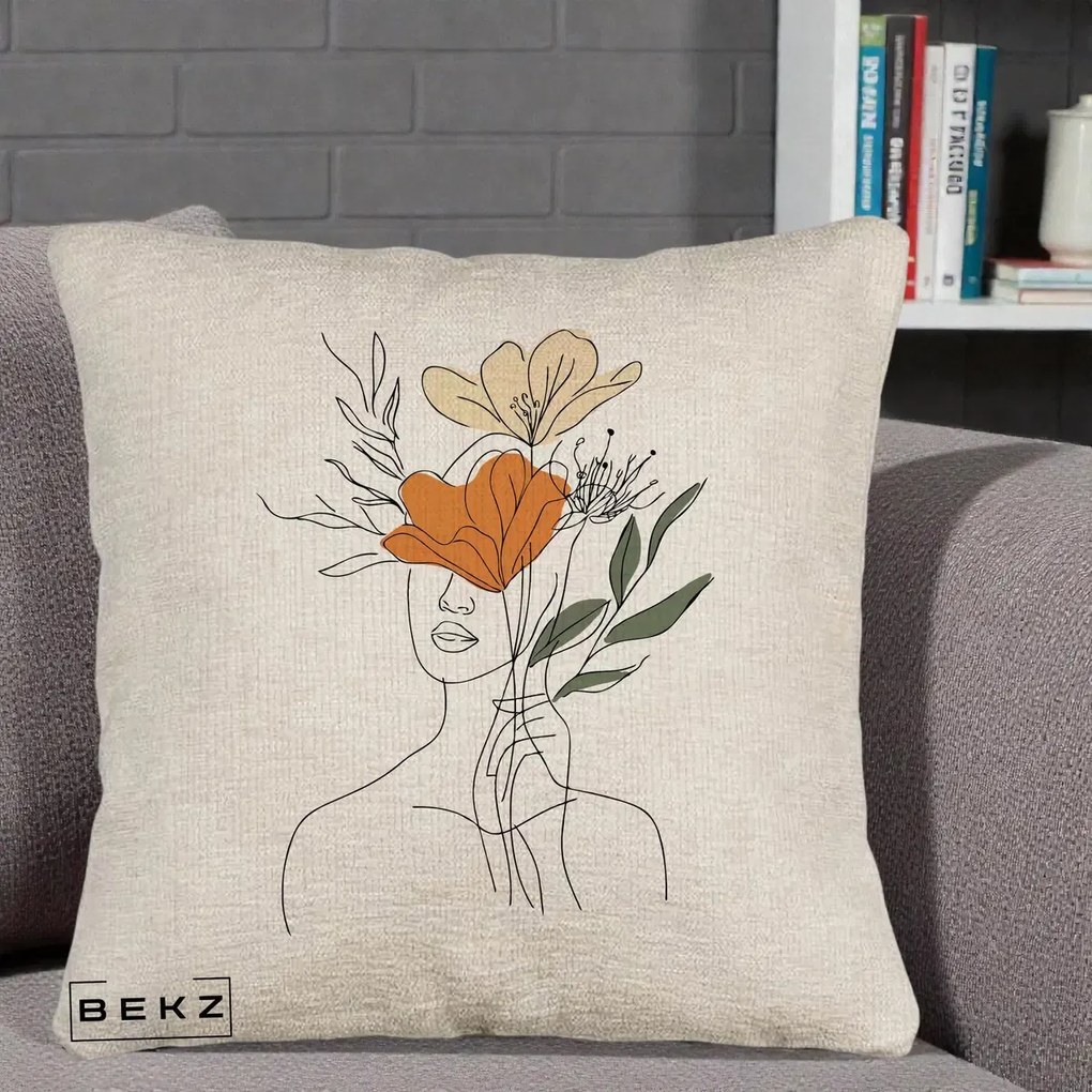 Perna decorativa line art Portret Feminin Coroana Florala, 40x40 cm cu Umplutura, Bej Canapea, BEKZ