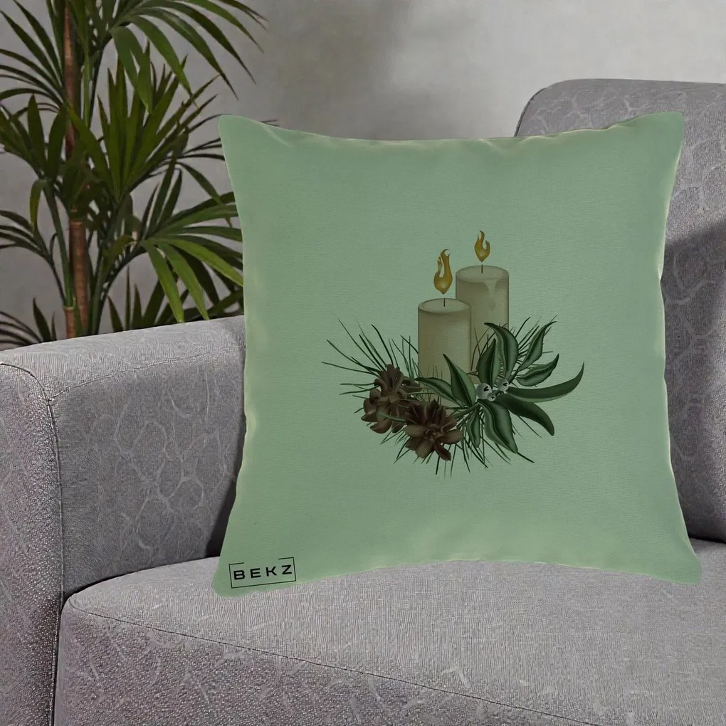 Perna Decorativa Lumanari cu Ilex si Conuri Ilustratie, 40x40 cm, Verde, Husa Detasabila, Perna Inclusa, BEKZ®
