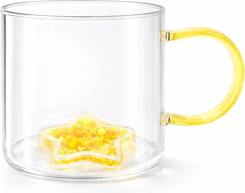 Cană cu model 3D steluță galbenă, pereți dubli, sticlă borosilicată și inserție de sclipici, 300 ml, Aurora Glow
