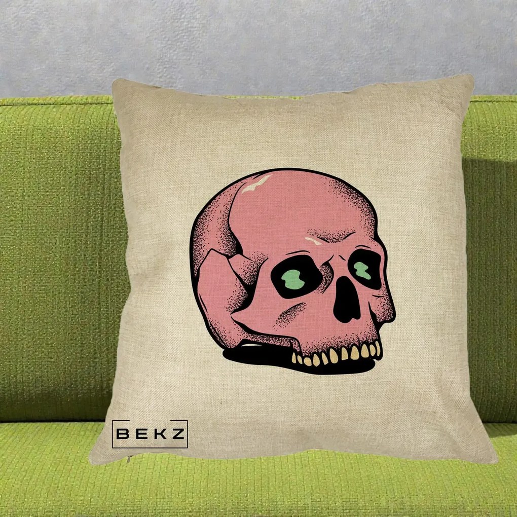 Perna Decorativa Craniu Roz Tatoo Art Halloween, 40x40 cm, Crem, Husa Detasabila, Perna Inclusa, BEKZ®