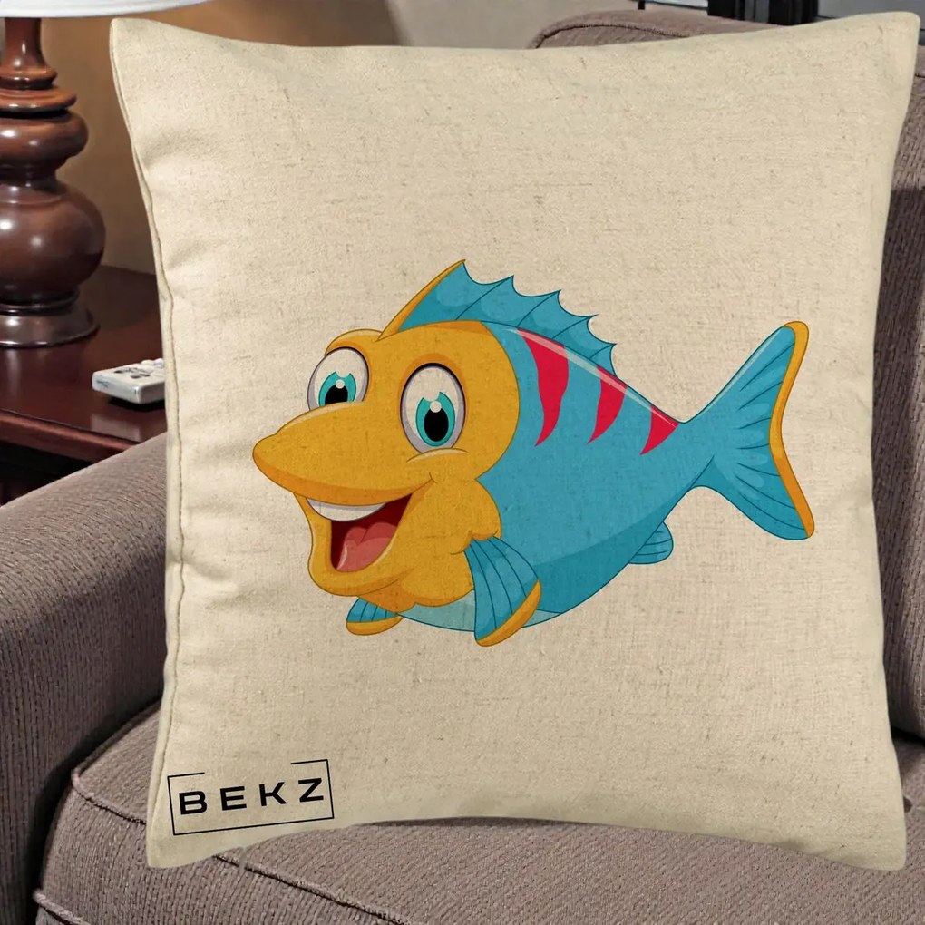 Perna Decorativa Peste Vesel Cartoon, 40x40 cm, Bej, Husa Detasabila, Perna Inclusa, BEKZ®
