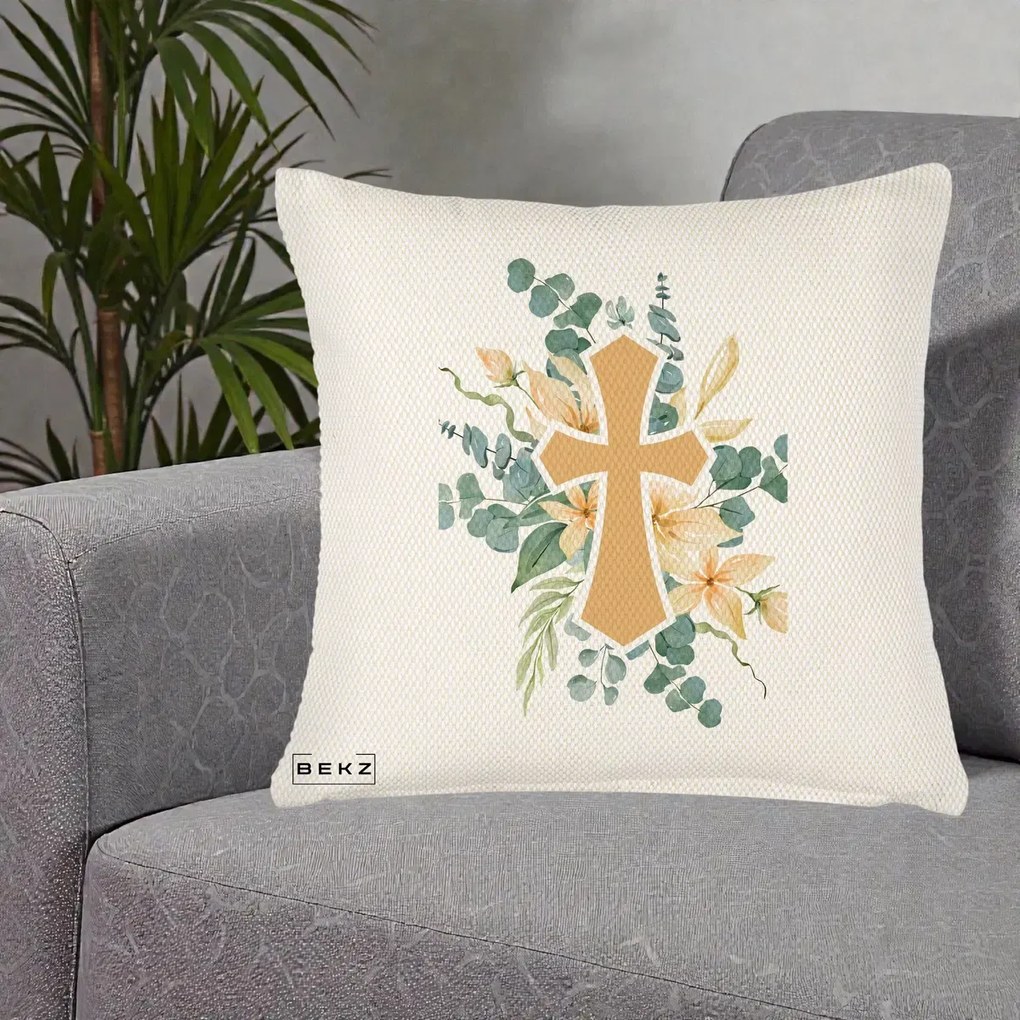 Perna Personalizata Cruce Florala Botez, 40x40 cm, Crem Reliefat, Husa Detasabila, Perna Inclusa, BEKZ®