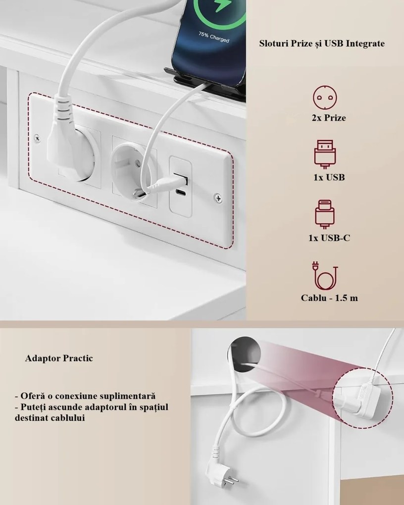 SEA822 - Set Masa toaleta 110 cm, 9 Sertare, Oglinda cu LED, Priza, USB si USB-C, masuta vanity, make-up cu Organizator Bijuterii - Alb