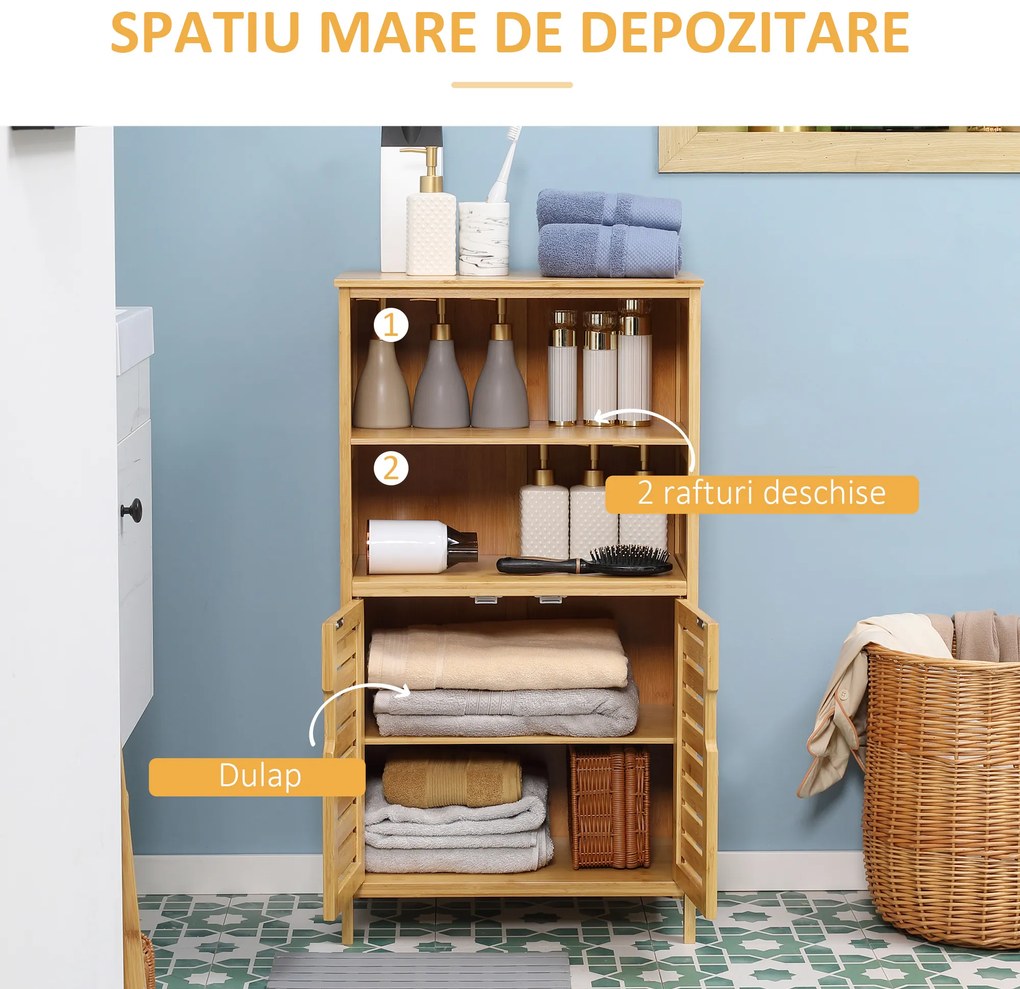 kleankin Mobile Bagno in Bambù, Mobiletto Bagno Salvaspazio con 2 Ante a Persiana e Ripiani Aperti, Armadietto da Terra per Sala da Pranzo, Salotto, Soggiorno, Cucina, 50x29x92 cm, Color Legno | Aosom Romania