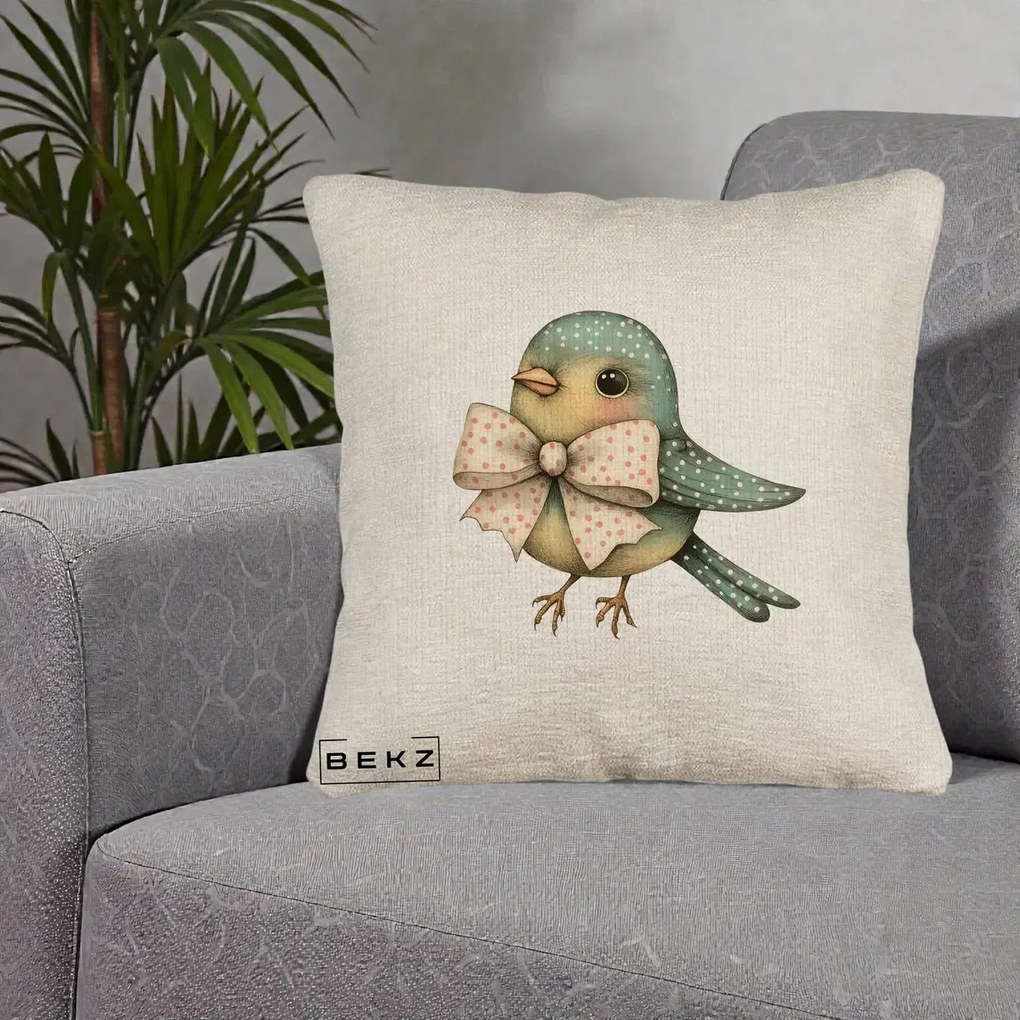 Perna Decorativa Pasare Teal cu Fundita cu Buline, 40x40 cm, Bej Canapea, Husa Detasabila, Perna Inclusa, BEKZ®