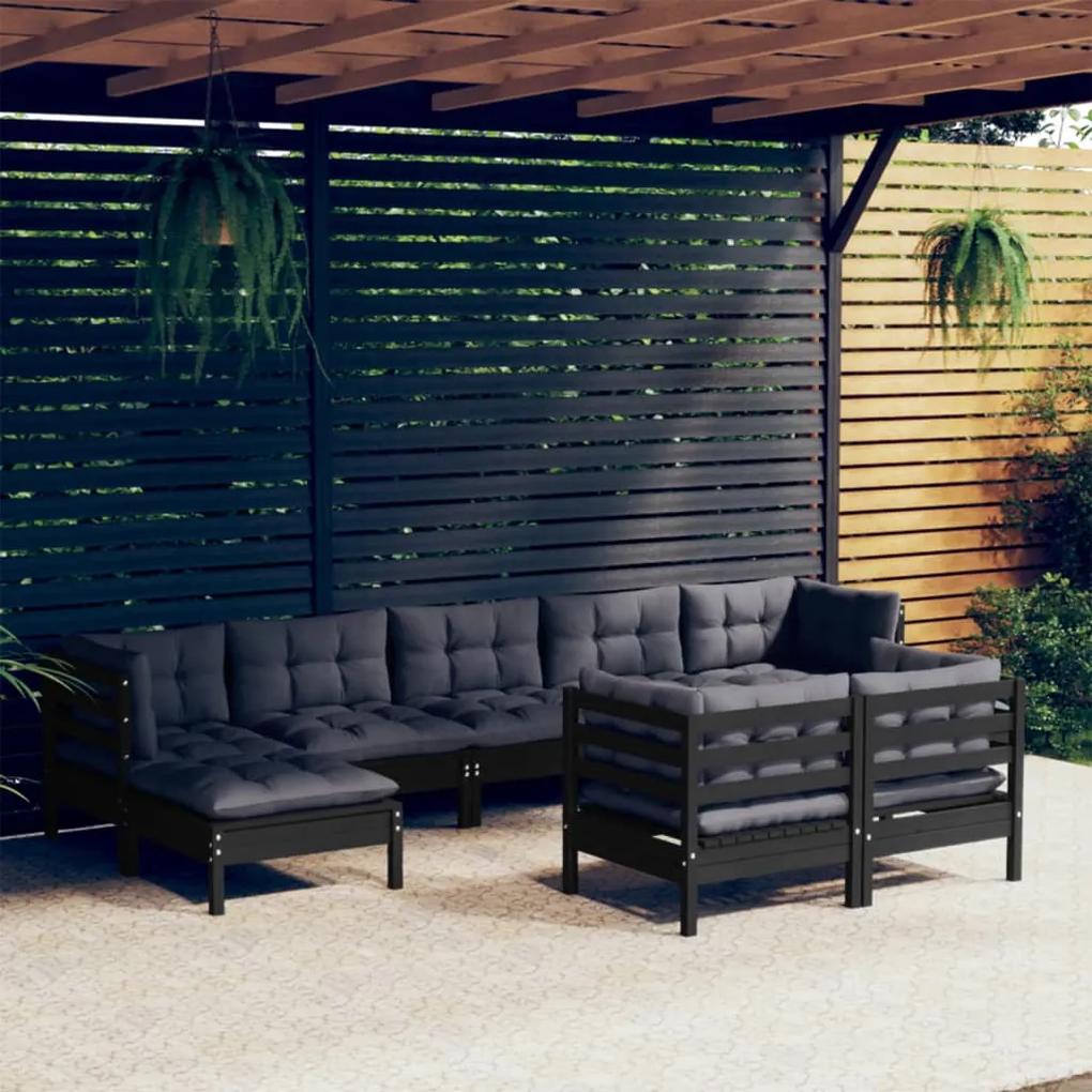 3097131 vidaXL Set mobilier grădină cu perne, 9 piese, negru, lemn masiv pin