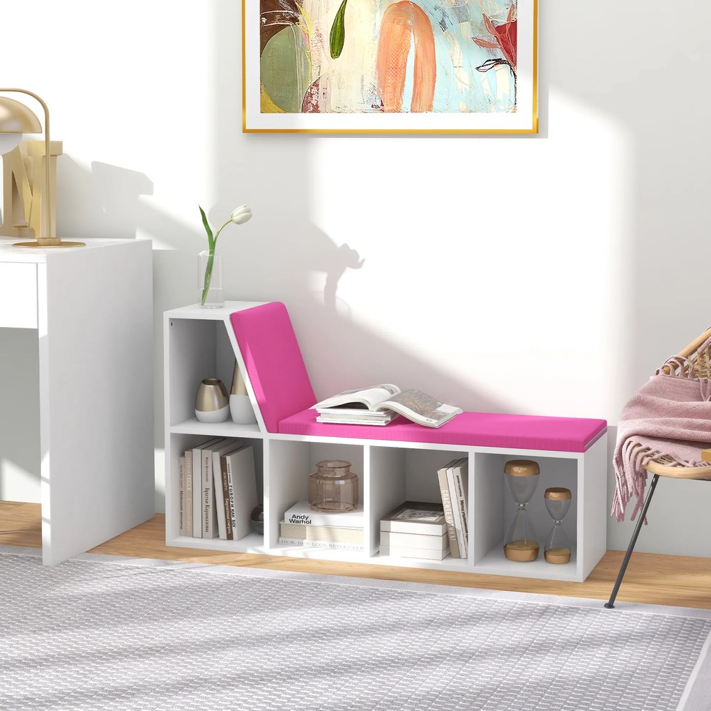 HOMCOM Bibliotecă-bancă 2 în 1 cu 5 compartimente de depozitare și 2 perne 108 x 30 x 60 cm alb roz | Aosom Romania