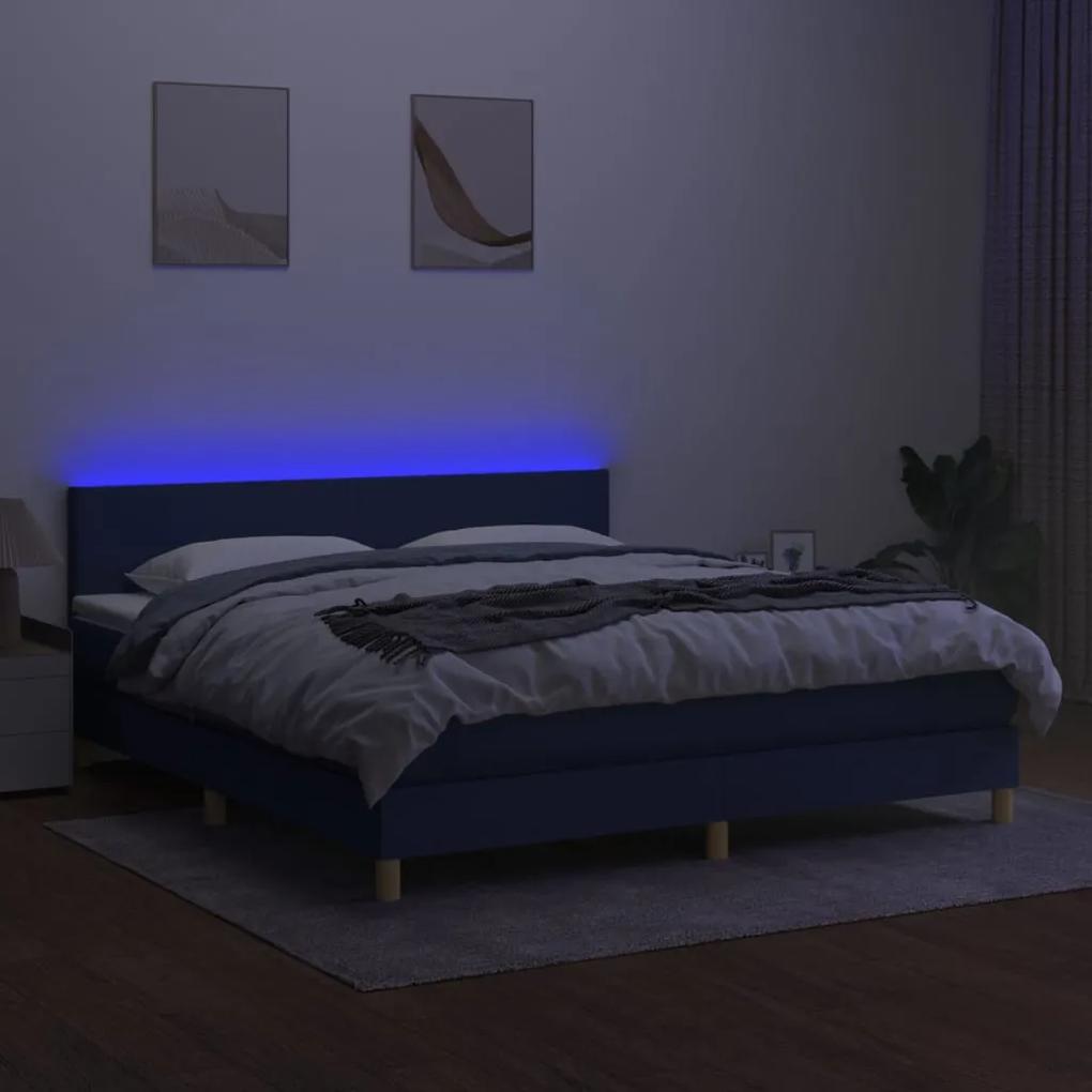 Pat cu arcuri, saltea si LED, albastru, 180x200 cm, textil Albastru, 180 x 200 cm, Design simplu