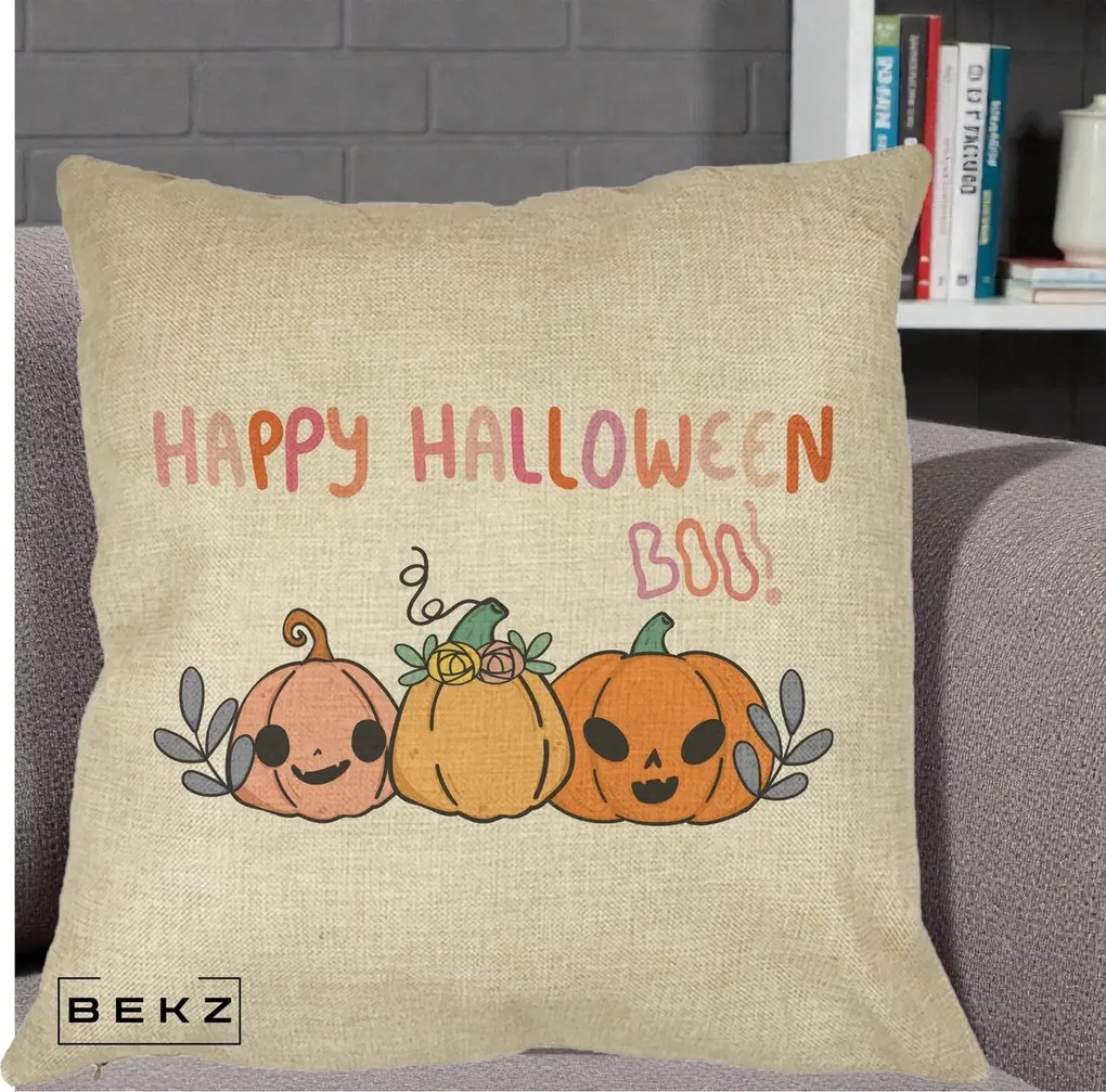 Perna Decorativa Happy Halloween Boo Trei Dovlecei Kawaii, 40x40 cm, Crem, Husa Detasabila, Perna Inclusa, BEKZ®