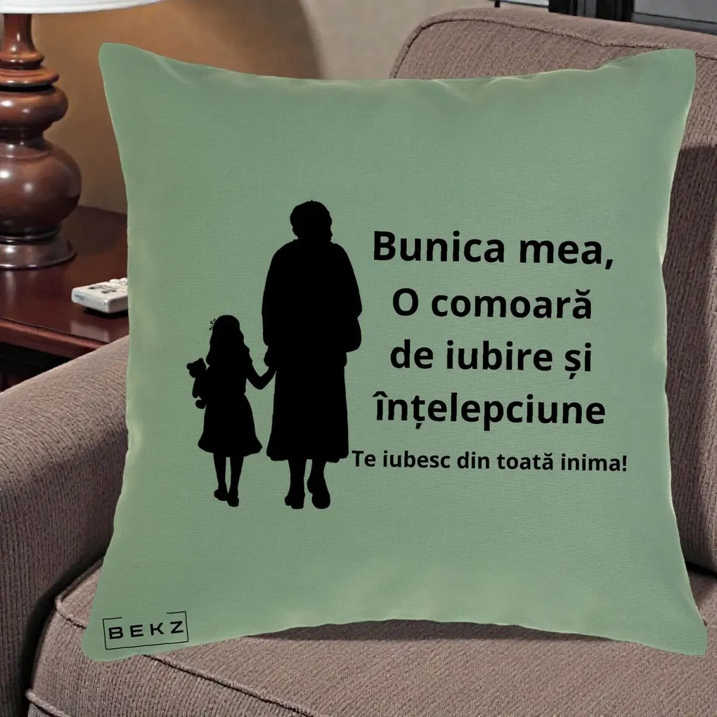 Cadou pentru Bunica - Perna Personalizata Bunica Mea Comoara Iubire Intelepciune Silueta, 40x40 cm, Verde, Husa Detasabila, Perna Inclusa, BEKZ®