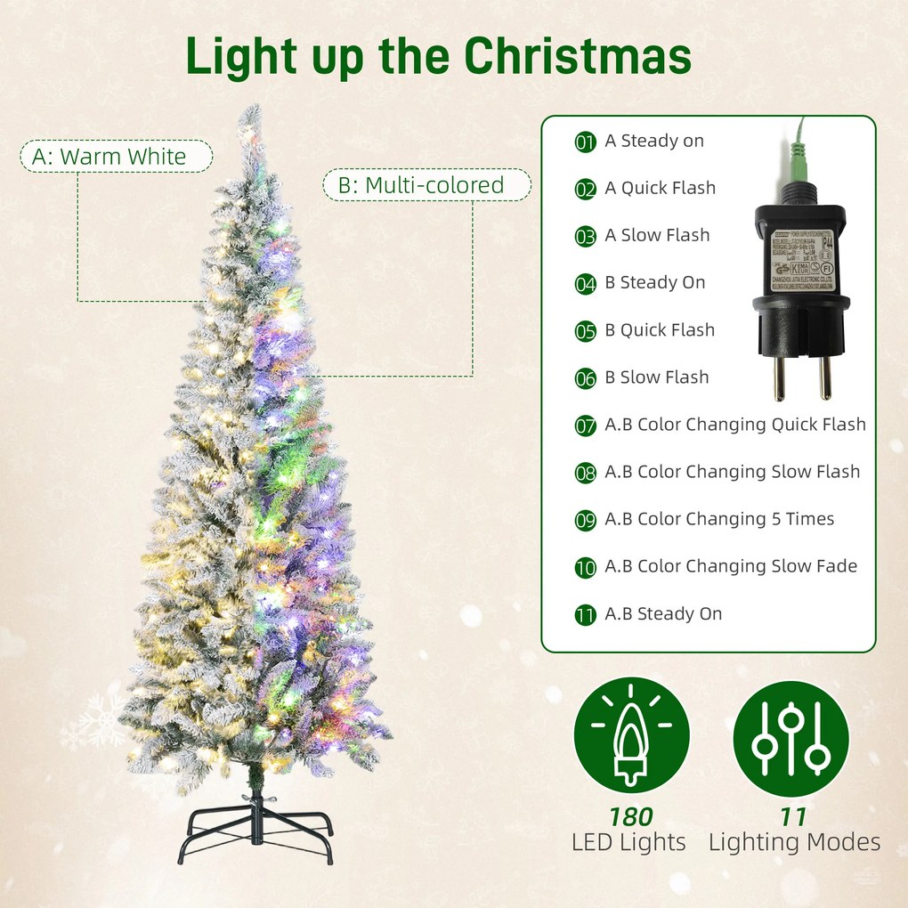 HOMCOM Brad de Crăciun Înzăpezit cu 180 de Lumini LED cu 11 Efecte și 479 de Ramuri, Ø65x180 cm, Verde și Alb | Aosom Romania