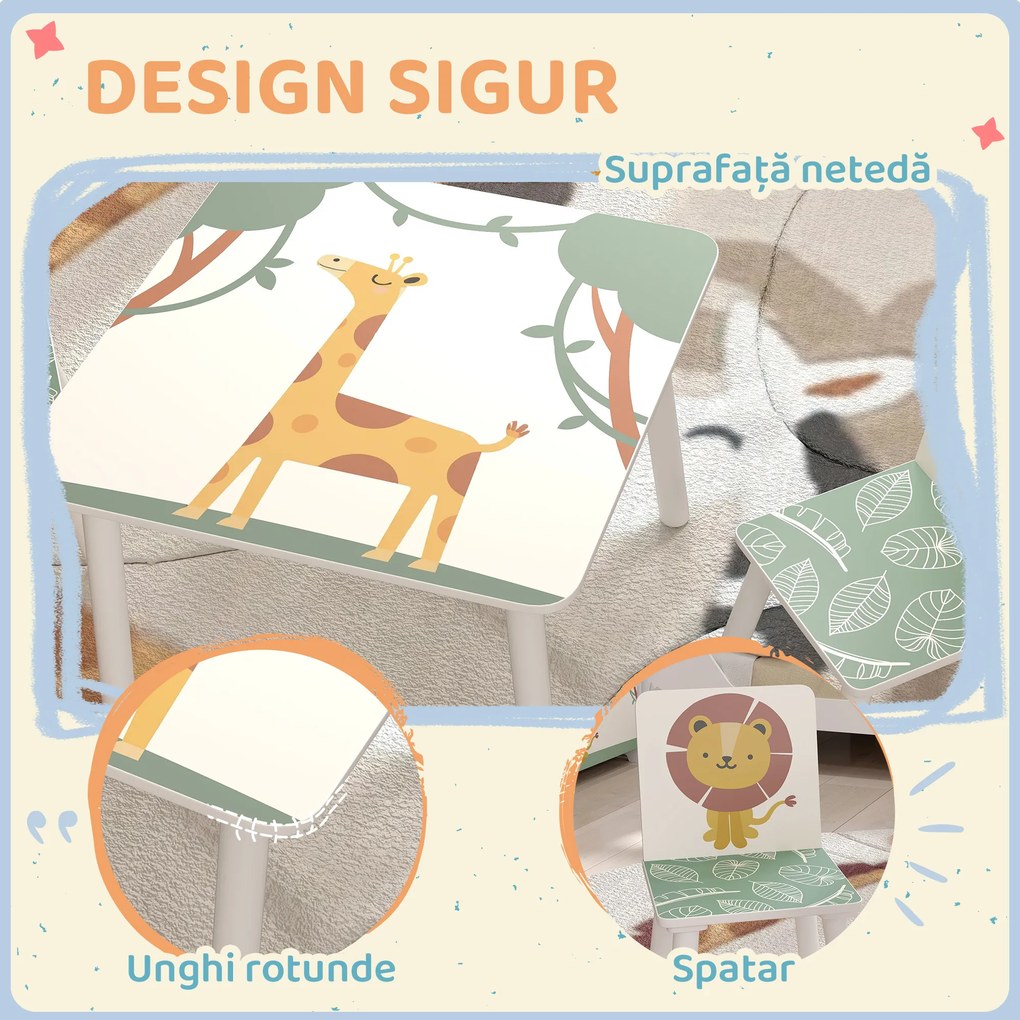 AIYAPLAY Set de Masă și Scaune pentru Copii, 3 Piese, Masă cu 2 Scaune pentru Dormitor, Grădiniță, Sală de Jocuri, Verde | Aosom Romania