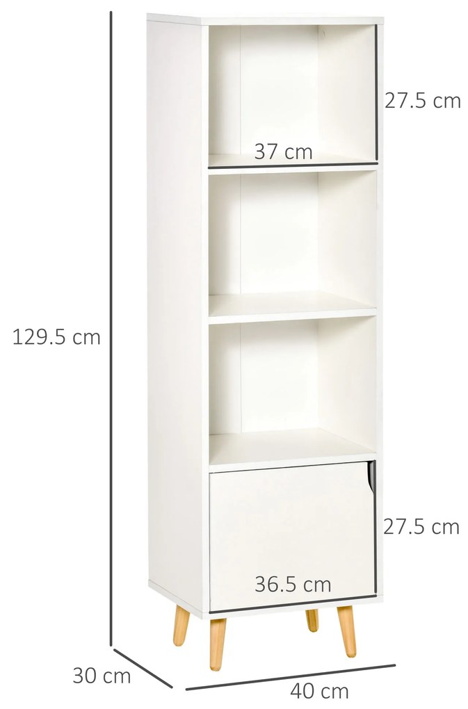 HOMCOM Biblioteca cu Rafturi pentru casa cu 3 Etajere si 1 Dulapior, Raft biblioteca din Lemn,40x30x129,5cm, Alb | Aosom Romania