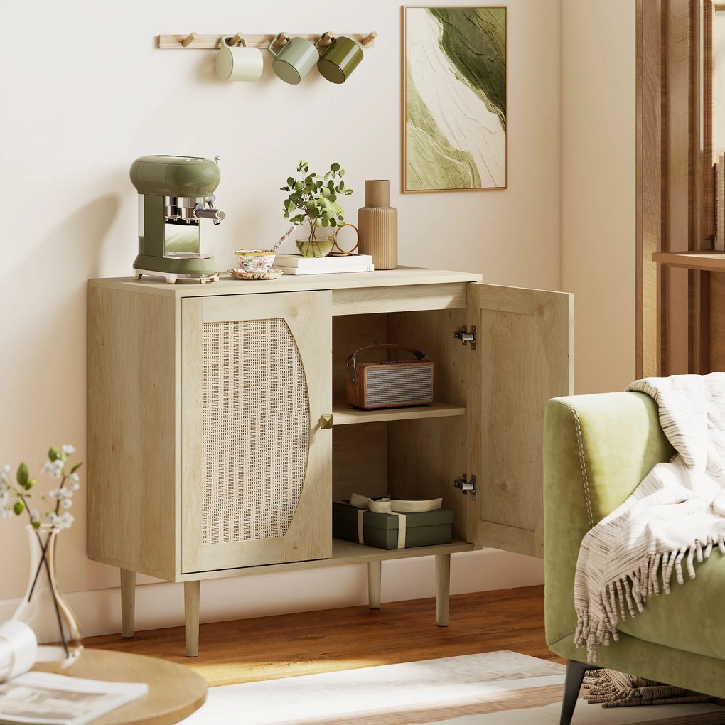 HOMCOM Bufet de bucătărie, mobilier de depozitare cu două uși și 2 niveluri, fațadă din cannage, 80 x 38 x 79 cm efect lemn natural | Aosom Romania