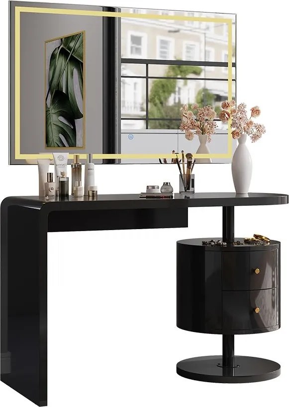 Masuta machiaj cu Oglinda LED si 2 Sertare pentru Cosmetice, Set Masa toaleta 120 cm, Negru, masuta cosmetica, vanity - SEN257