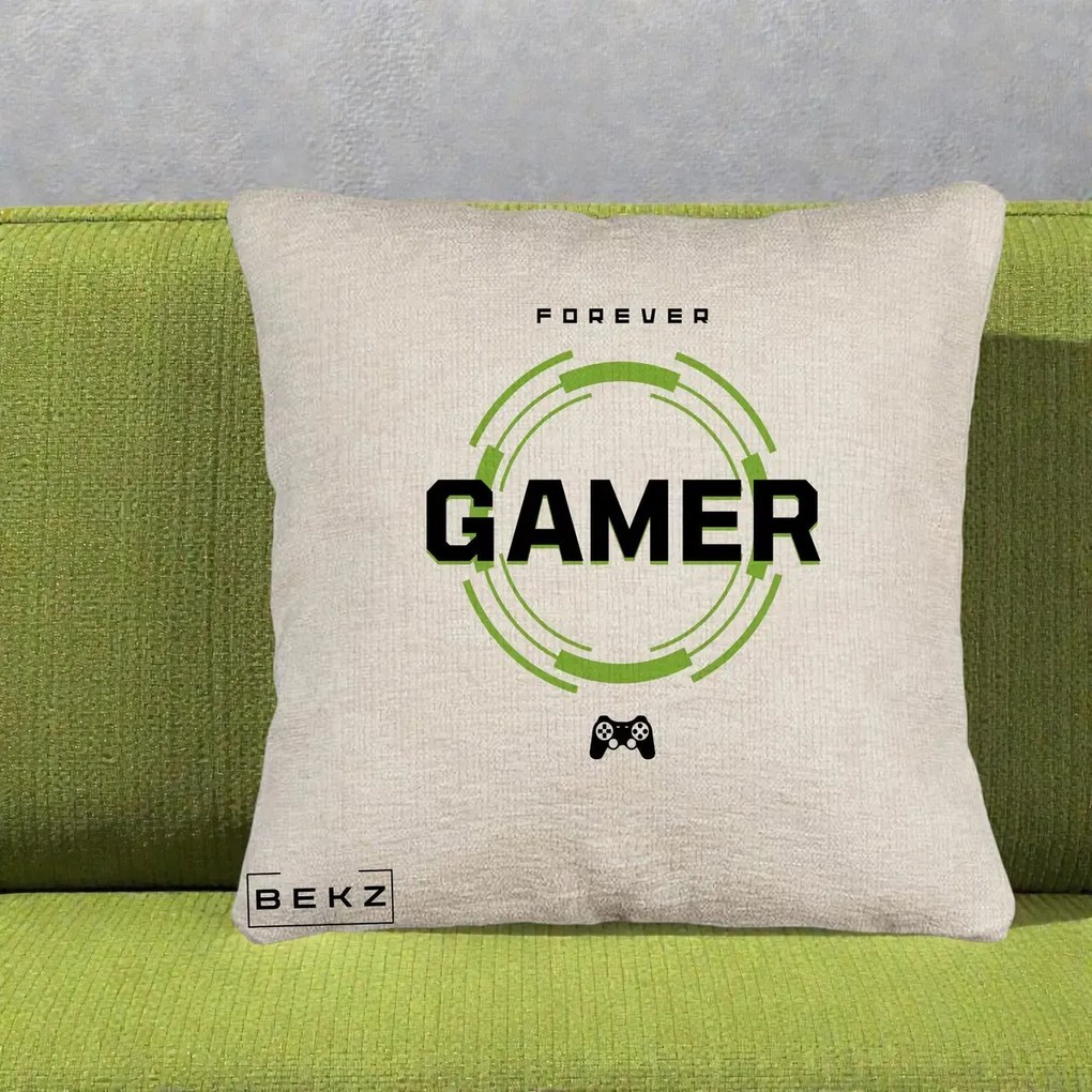 Perna Personalizata Forever Gamer, 40x40 cm, Bej Canapea, Husa Detasabila, Perna Inclusa, BEKZ®